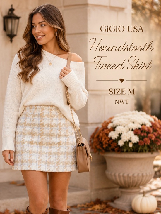 Gigio Dresses & Skirts - NWT GiGiO USA Houndstooth Tweed Mini Skirt Cream Tan Lavender size Medium